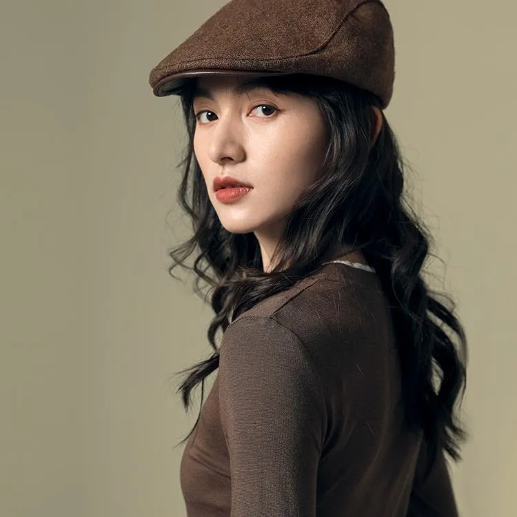 羊毛呢前进帽女2024新款秋冬英伦复古百搭鸭舌帽男女反戴