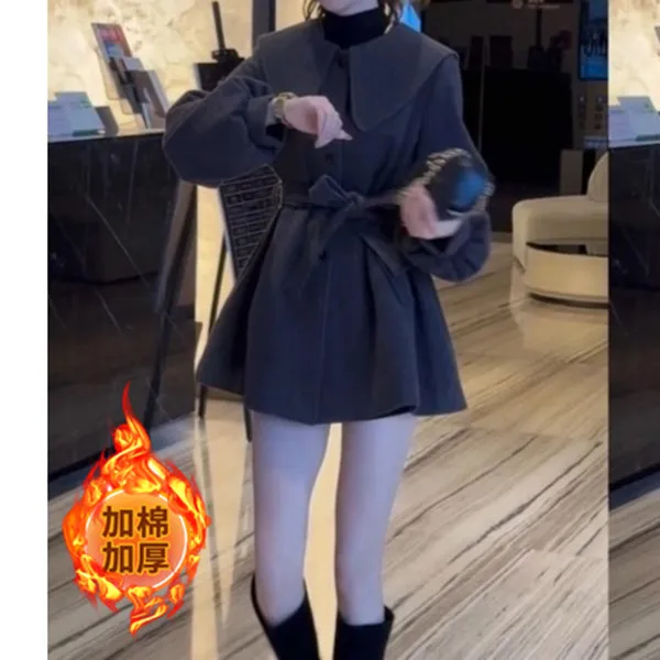 【现货+运费险】秋冬小个子韩版宽松娃娃领收腰显瘦毛呢外套气质