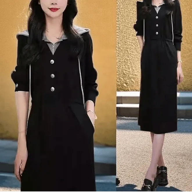时尚假两件长袖连衣裙女2024秋季洋气质减龄休闲拼接连帽卫衣裙子
