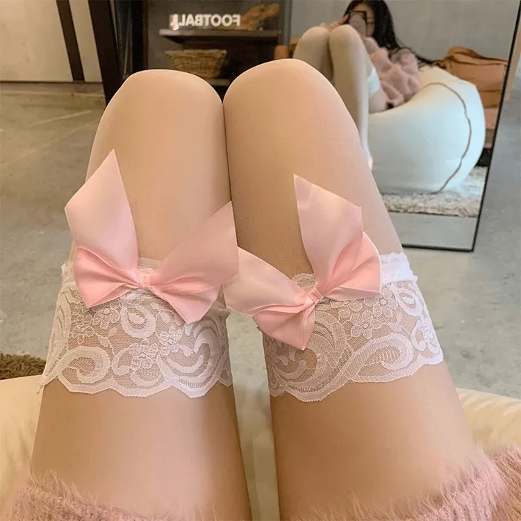 夏季网红花边蝴蝶结丝袜蕾丝边可爱长筒过膝袜夏日女款白丝白色