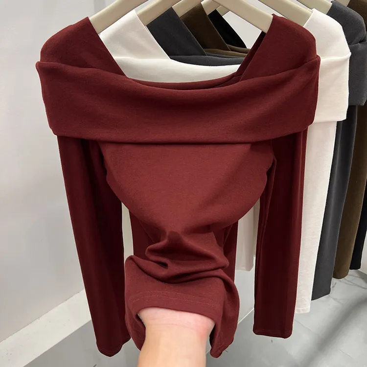设计感方领露背长袖T恤女2024早秋新款洋气时尚内搭打底衫上衣潮