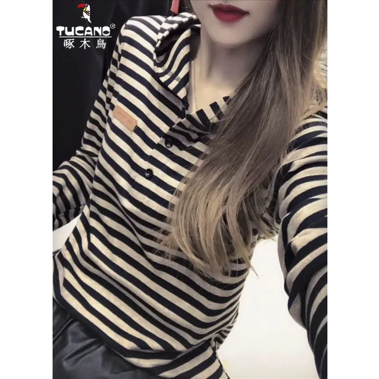 啄木鸟棉长袖连帽T恤女春秋新款百搭休闲显瘦条纹打底衫上衣外套