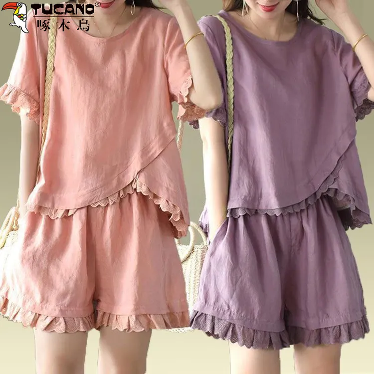 啄木鸟高档休闲套装2024新款纯棉T恤减龄大码时尚减龄纯色两件套