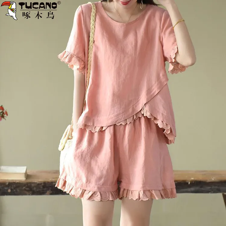 啄木鸟高档洋气大码两件套夏季纯棉中年减龄时尚休闲短袖纯色套装