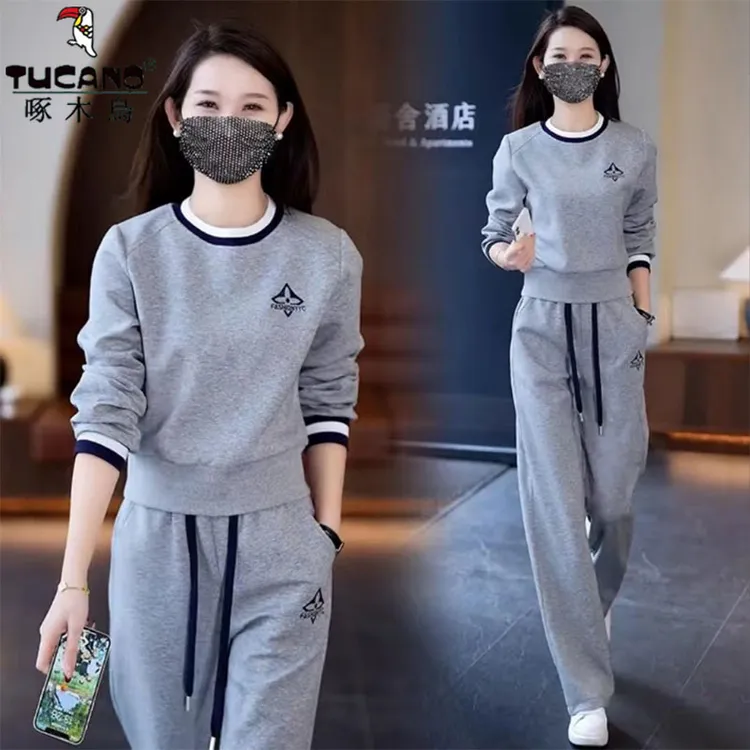 啄木鸟纯棉休闲运动套装女春秋新款韩版圆领宽松卫衣时尚两件套潮