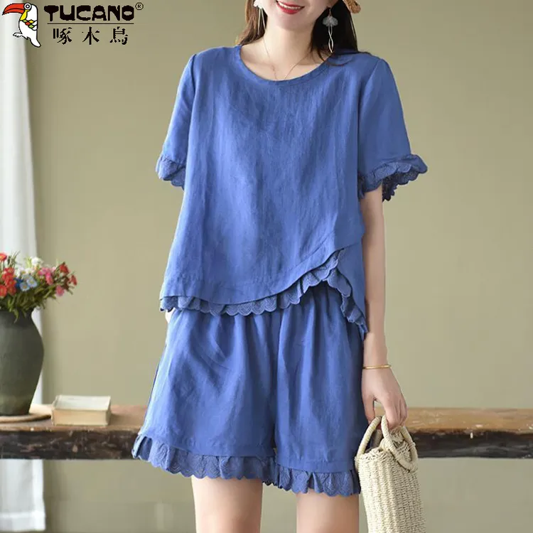 啄木鸟2024新款高档纯棉休闲套装女时尚宽松T恤短裤纯色两件套