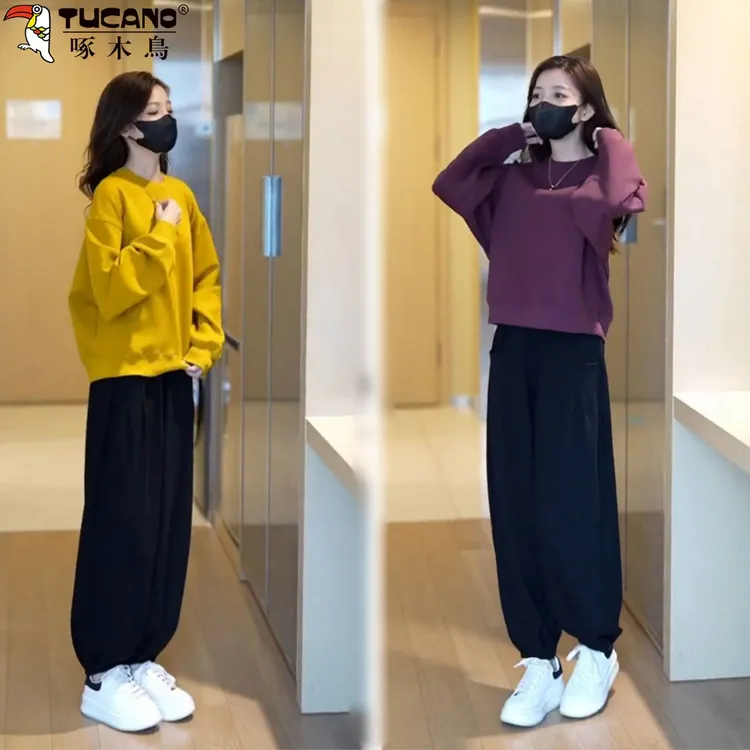 啄木鸟纯棉休闲运动套装女秋冬新款圆领宽松卫衣慵懒风时尚两件套