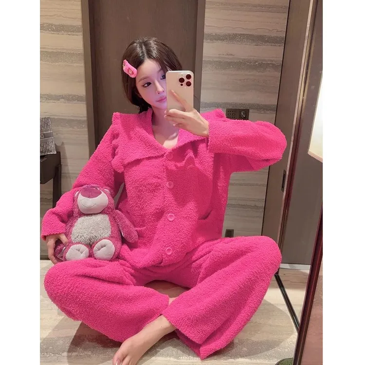 韩版半边绒睡衣女秋冬季新款软绵绵加厚芭比粉可外穿家居服套装
