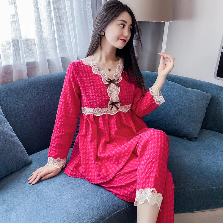 带胸垫睡衣家居服睡衣宽松韩版睡衣睡衣收腰显瘦居家睡衣长袖睡衣