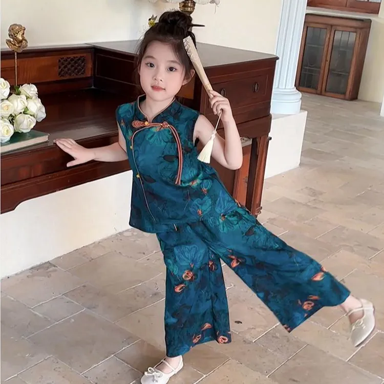 新中式汉服女童套装2025新款夏复古中国风碎花无袖上衣宽松阔腿裤