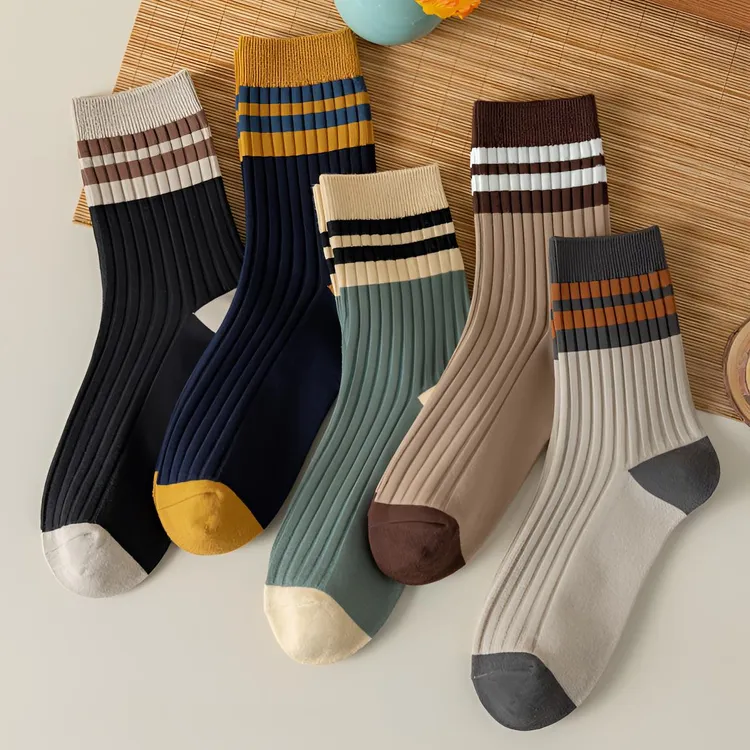 拼色袜子男中筒袜棉袜春秋季长筒吸汗透气防臭运动时尚双针精梳棉