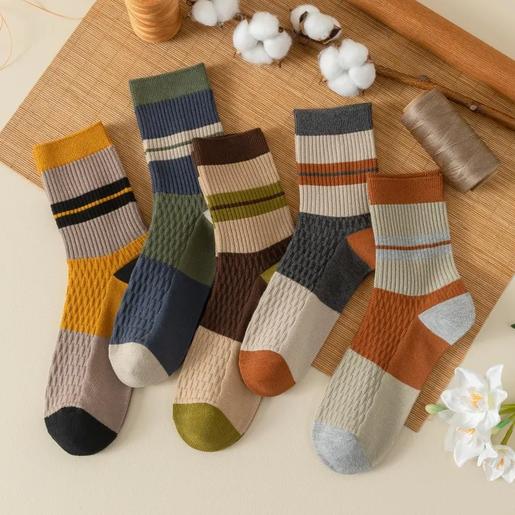 袜子男士中筒袜秋冬季长筒秋季吸汗透气防臭双针织精梳棉条纹拼色