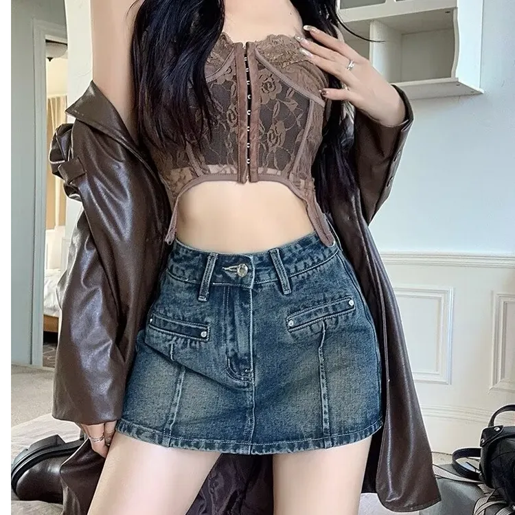 夏季高腰显瘦半身裙裤开叉牛仔复古包臀裙时尚欧美百搭设计感短裙