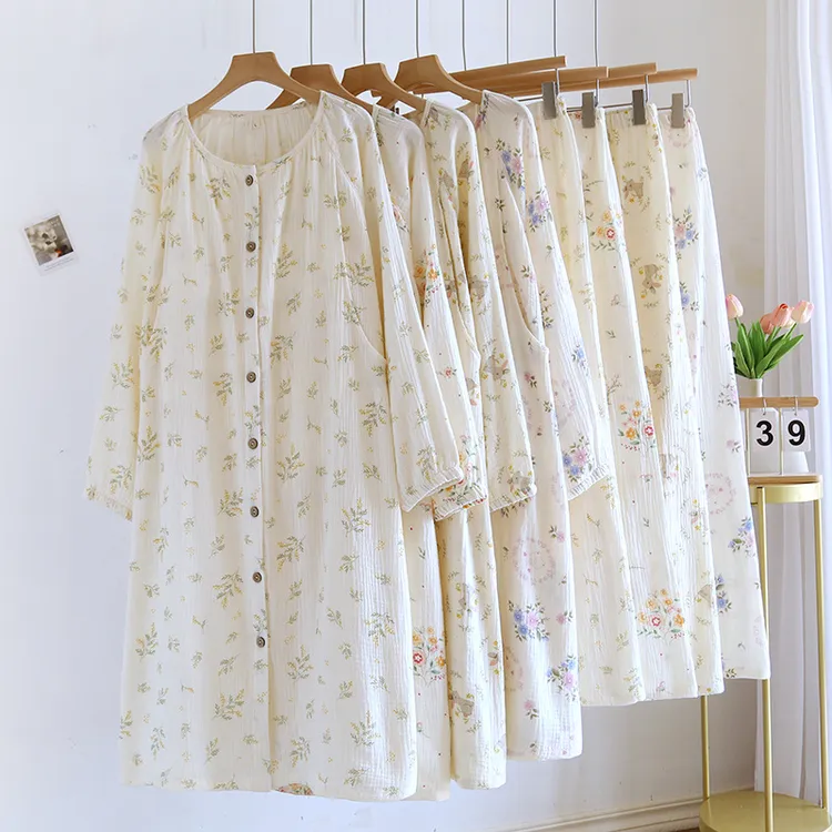 带胸垫待产纯棉长袖绉布春秋孕妇睡裙产后哺乳喂奶产检月子裙长裤