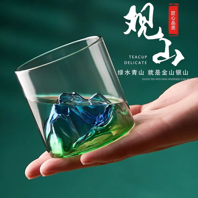 国潮彩色观山玻璃杯复古日式水杯茶杯威士忌酒杯清新网红家用耐热