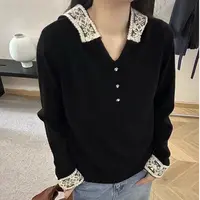大码女装法式洋气蕾丝拼接连帽针织衫时尚毛衣春新款上衣3332