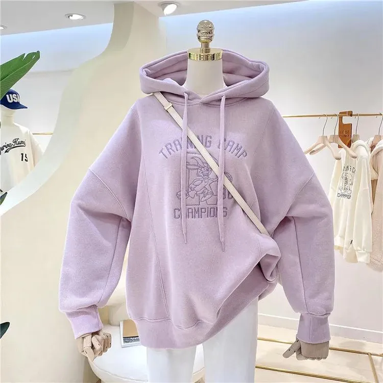 韩国刺绣加厚卫衣百搭加绒短款冬季爆款小个子美式中长款卫衣外套