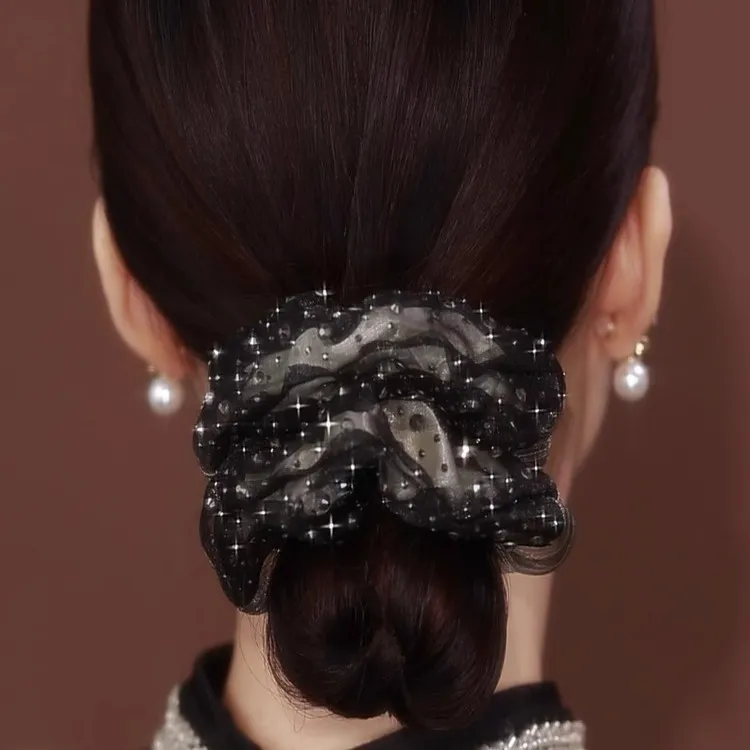 法式温柔气质头绳浪漫烫钻超闪印花薄纱发圈优雅简约大号大肠发圈