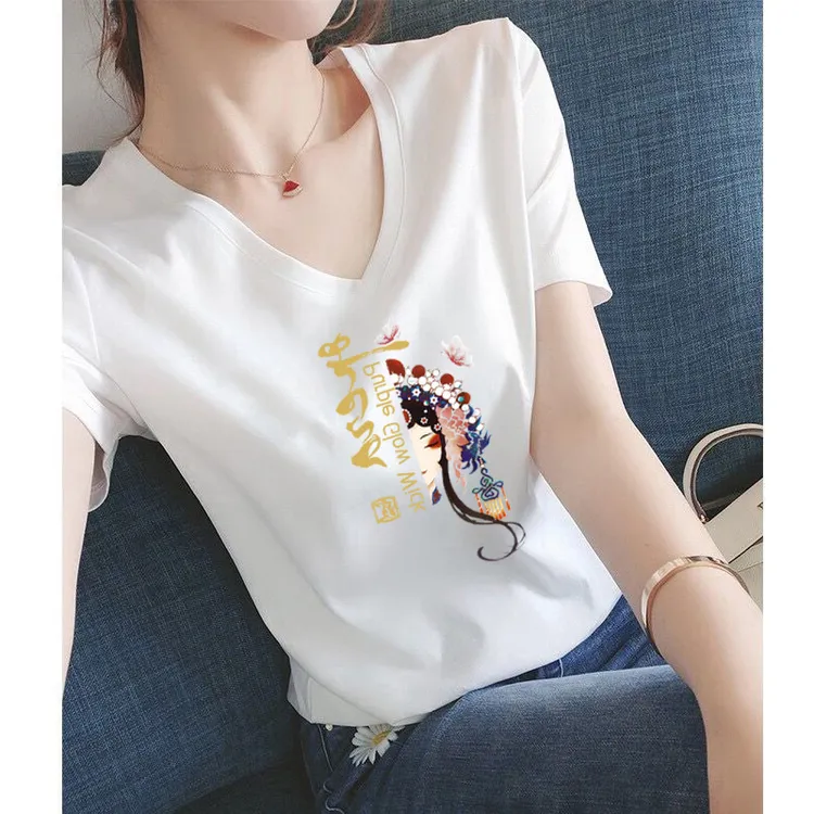 宽松冰丝短袖t恤女士2025夏季新款高端百搭显瘦白色V领打底上衣夏