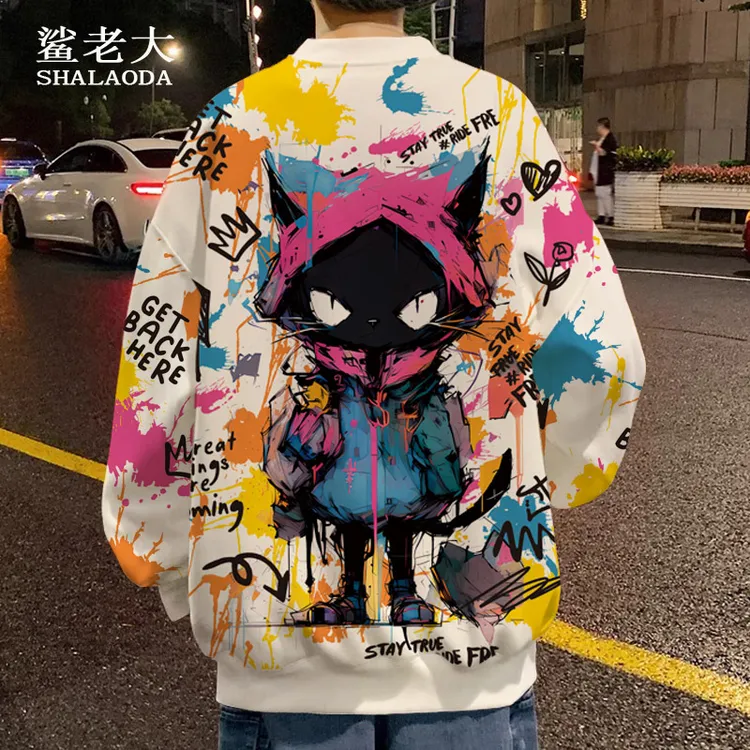 春季圆领卫衣男生长袖T恤薄款外套卡通猫咪印花涂鸦上衣休闲衣服