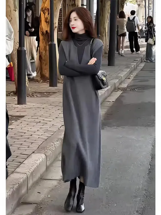 2025气场强大名媛气质女神范高级感韩系小香风灰色背心连衣裙套装