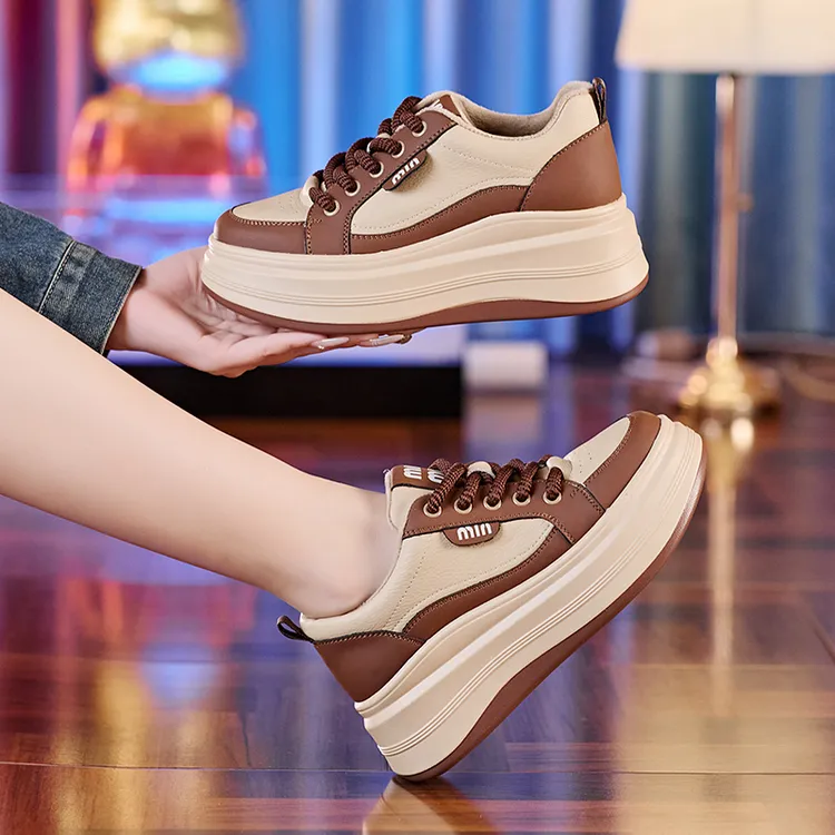 6cm时尚厚底增高松糕百搭韩版休闲系带小白鞋ins潮拼色春季单鞋女
