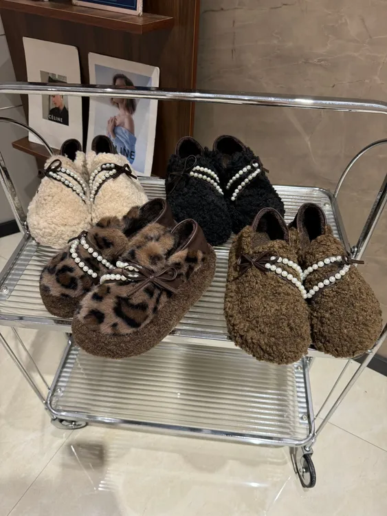 珍珠珠毛毛鞋2024女款豹纹时尚休闲百搭软底防滑加绒豆豆鞋