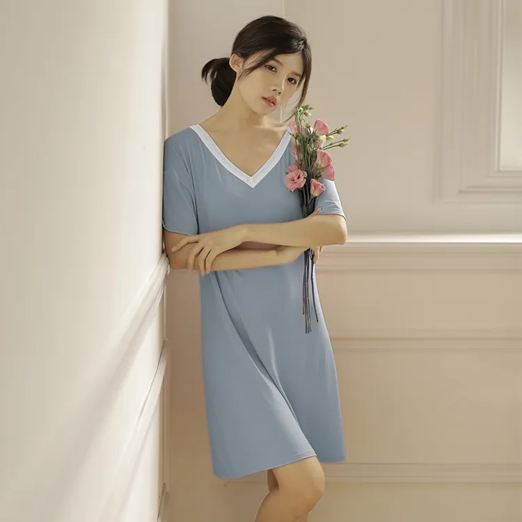 觅丝【裸感】60S莫代尔睡裙女夏季性感薄款凉感花边V领短袖时尚378