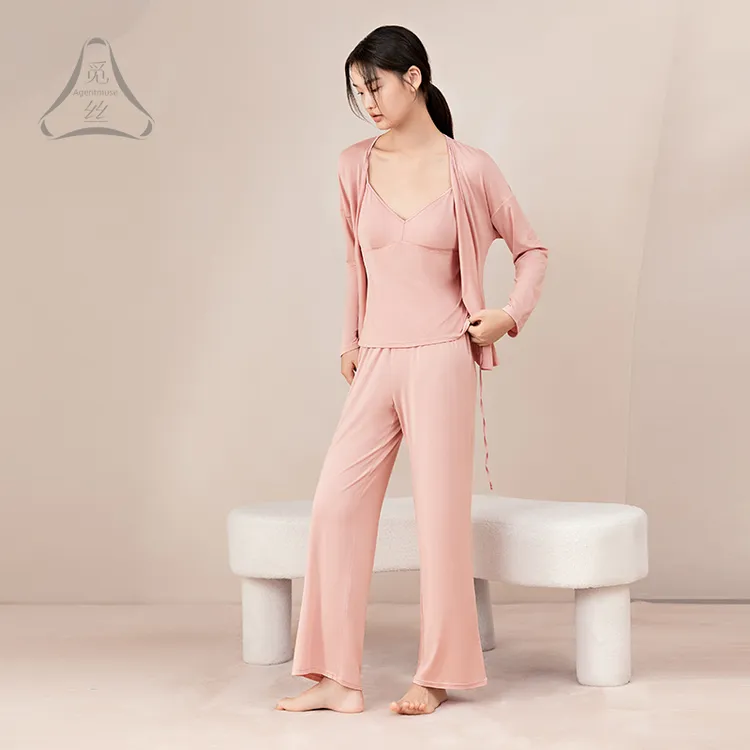 觅丝【裸感】天丝莫代尔超细超柔薄款透气睡衣女套装长袖346