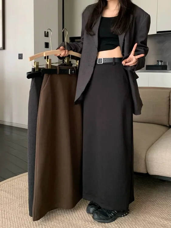 黑色毛呢半身裙女秋冬新款高腰显瘦a字裙休闲百搭后开叉中长裙子