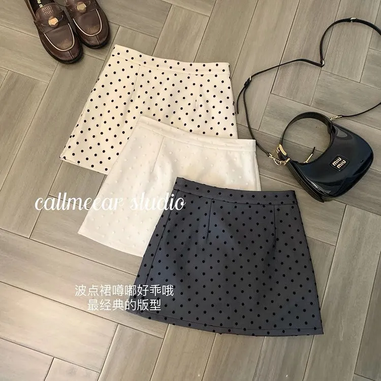韩系辣妹复古少女感植绒波点高腰显瘦半身裙女a字包臀短裙子夏季