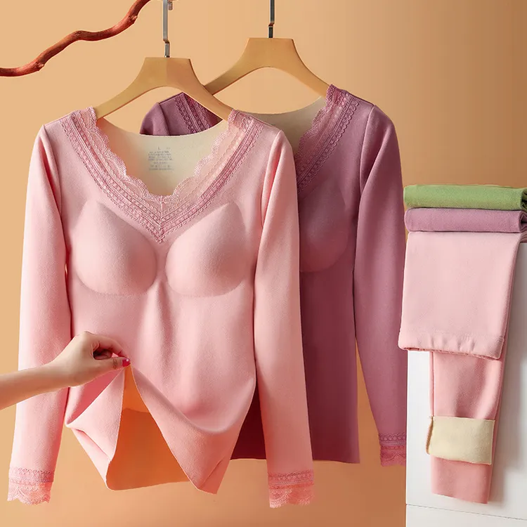 可放义乳无痕V领蕾丝打底保暖上衣 秋冬发热德绒长袖保暖内衣女