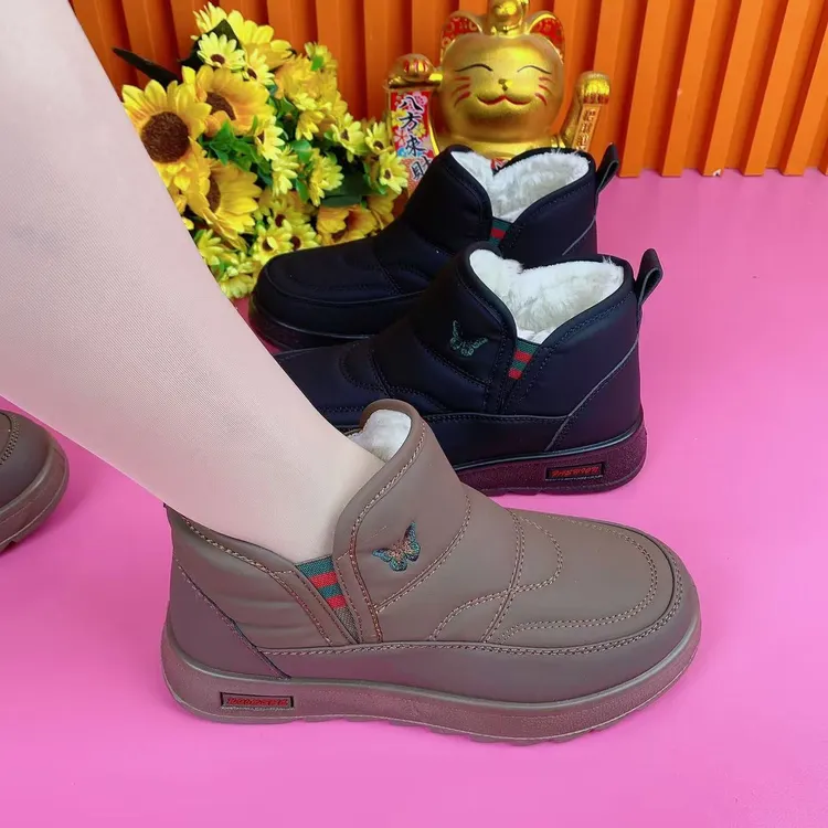 2024新款老北京软皮面女棉鞋厚底雪地靴冬季一脚蹬加绒保暖妈妈鞋