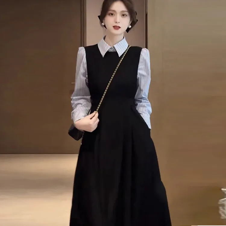 秋款法式气质收腰连衣裙子女2024新款高级感时尚黑色长裙1787