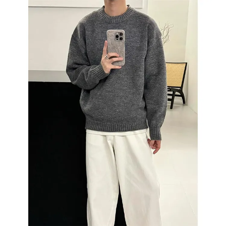 深灰色圆领套头毛衣男款秋冬季加厚打底长袖美式慵懒风内搭针织衫