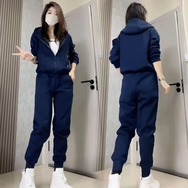 2024冬季新款加绒衣服裤子套装休闲潮流连帽卫衣外套外搭两件套女