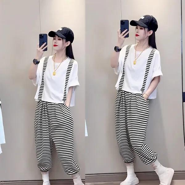 2024夏季新款时尚休闲套装洋气条纹拼接短袖宽松束脚哈伦裤两件套