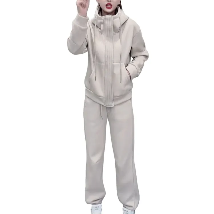 时尚套装女2024秋冬新款季韩版加绒加厚连帽卫衣休闲裤保暖两件套