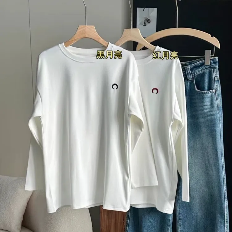 明星同月亮圆领打底磨毛德绒高端定制女装刺绣中长款百搭洋气显瘦