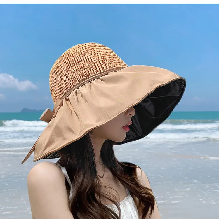 遮阳帽女防晒大沿帽防紫外线夏天户外草帽大檐渔夫帽黑胶遮脸夏季
