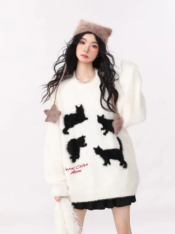 秋冬新款软糯宽松小众百搭设计感慵懒风猫咪毛衣女长袖上衣