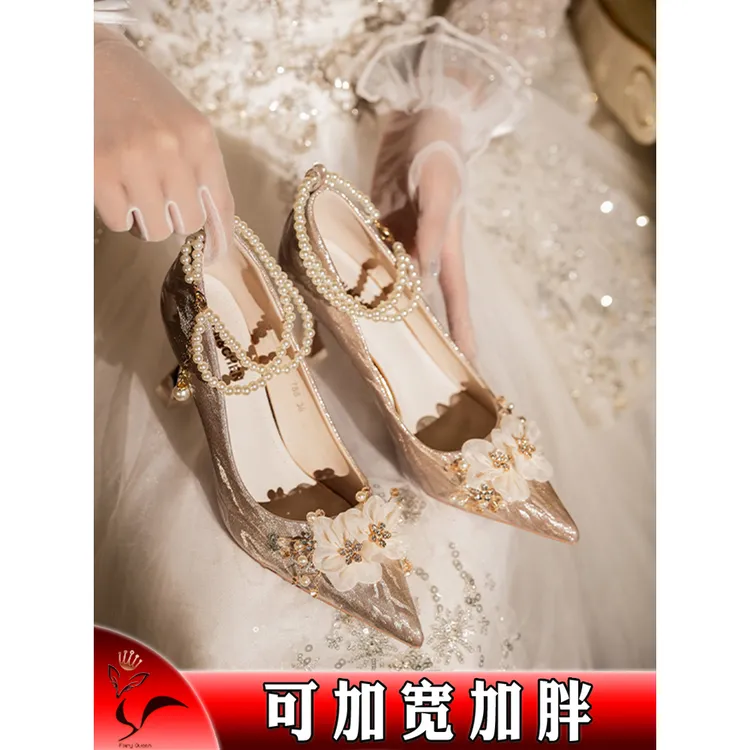 婚鞋禾秀婚纱两穿法式伴娘鞋日常可穿水晶珍珠高跟鞋女胖脚宽大码