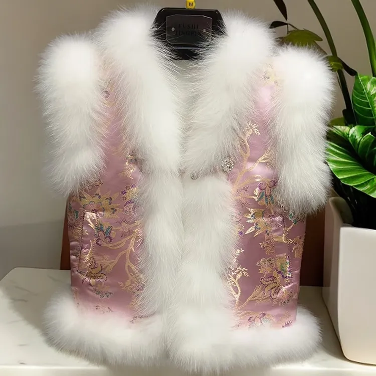 真狐狸毛蚕丝棉服女童秋冬拜年服新式汉服中国风儿童马甲外套