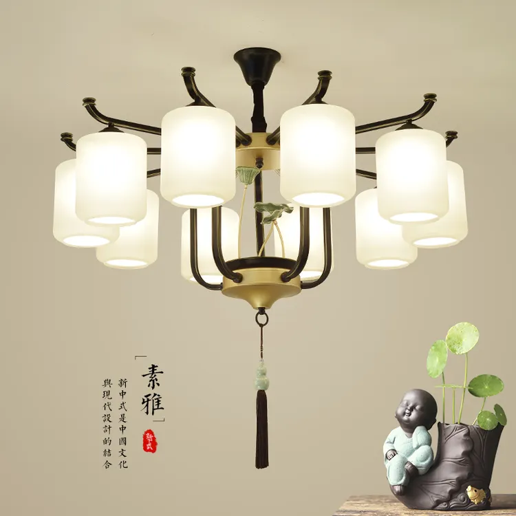 新中式简约大气玻璃莲花家用中国风禅意仿古酒店别墅古典餐厅吊灯