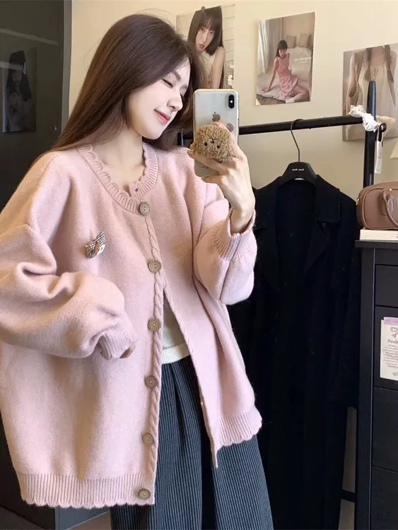 9108#胖mm秋季大码时尚设计感气质开衫小香风甜美针织开衫上衣