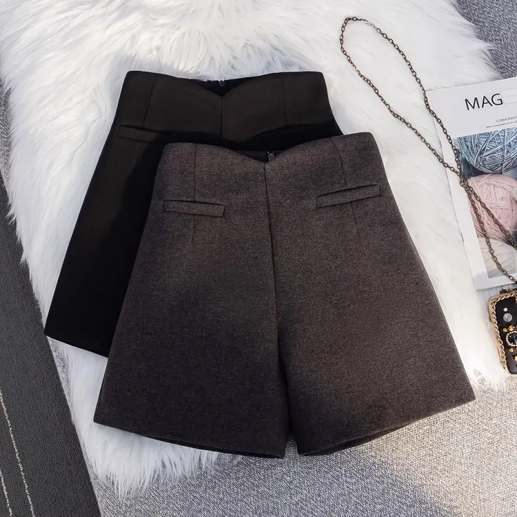 复古毛呢西装短裤女秋冬新款穿搭高腰显瘦百搭靴裤休闲外穿阔腿裤