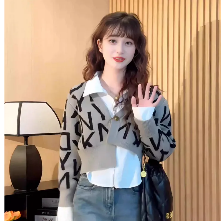 港风字母v领假两件毛衣女春秋冬宽松内搭短款高级感针织开衫上衣