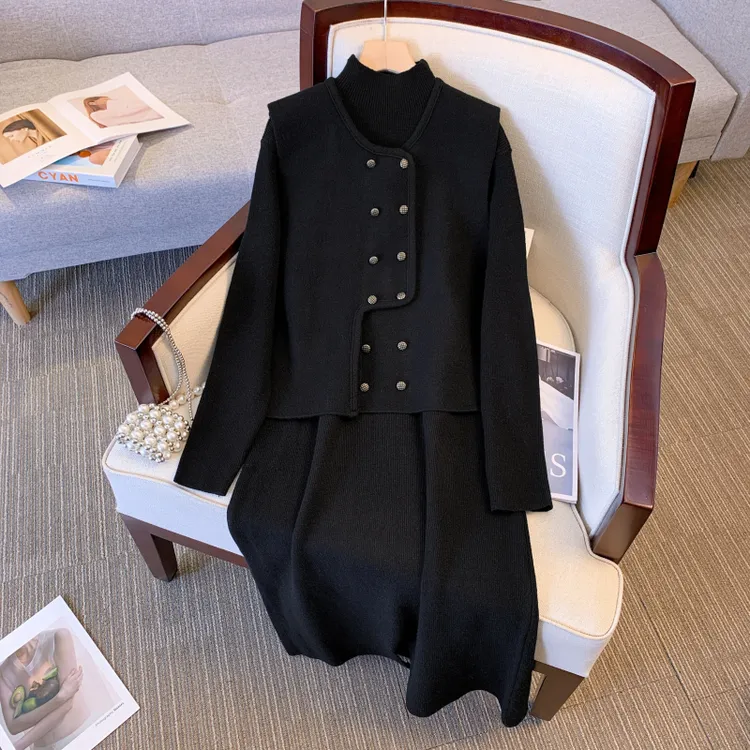 2025年新款大码女装胖mm春秋遮肚马甲外套毛衣连衣裙打底衫两件套