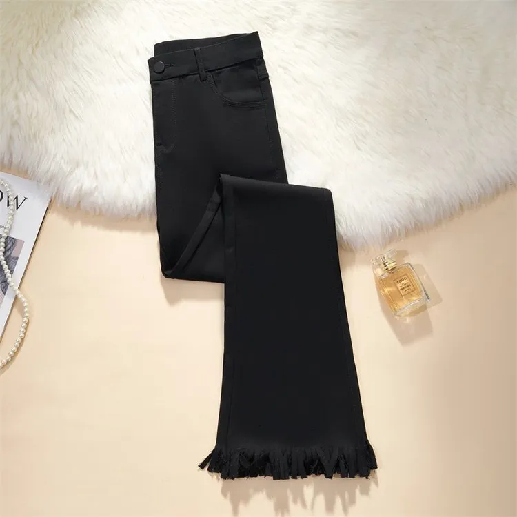 2025春大码胖妹妹新款弹力韩版高腰百搭显瘦流苏微喇裤黑色牛仔裤