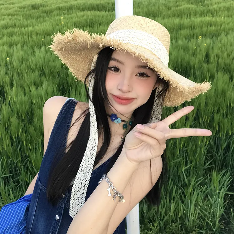 编织海边遮阳帽子显脸小毛边沙滩帽田园风蕾草丝绑带帽女百搭防晒